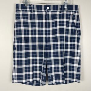 FootJoy Shorts Mens Waist 34 Blue White Gray Plaid Flat Front Golf Casual Preppy